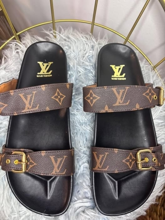 Louis Vuitton Shoes - Louis Vuitton Brown Monogram Double-Strap Slide Sandals with Gold Buckles